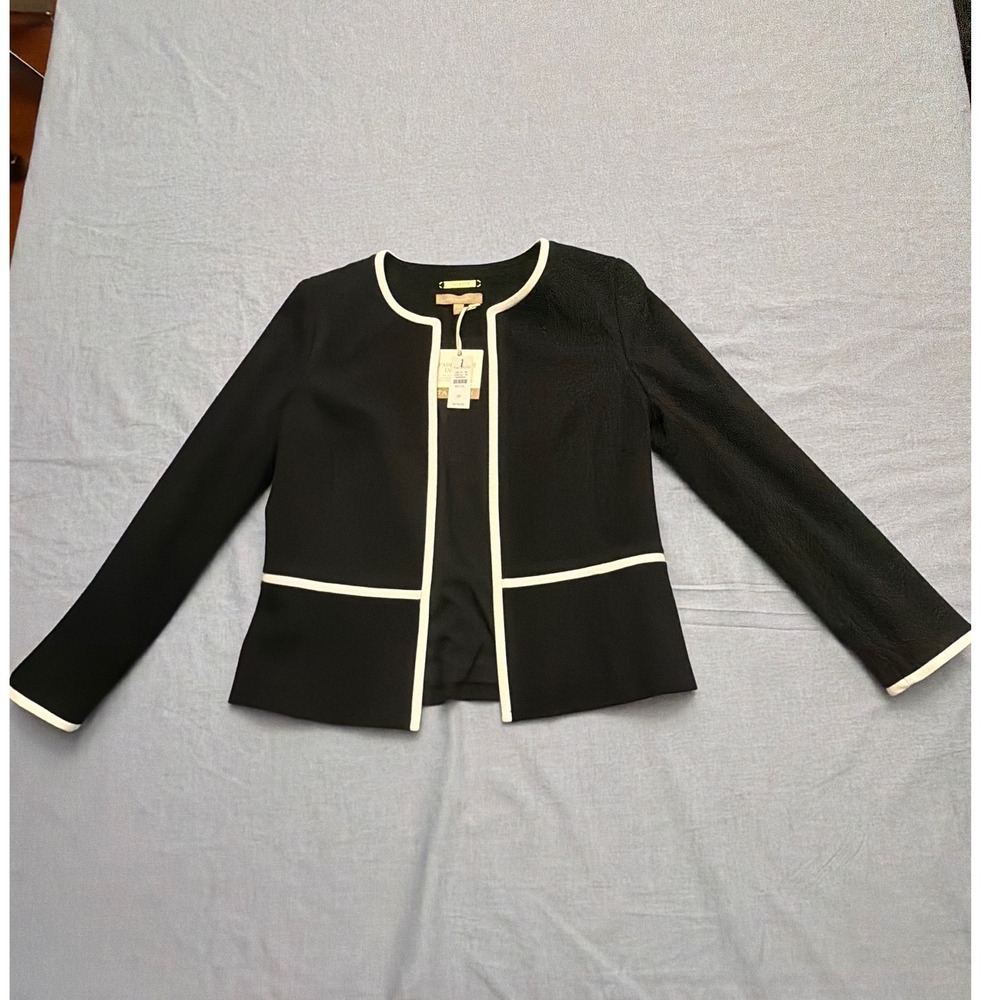 Talbots Womens 2P Black White Piping Italian Knit Open Front Blazer Jacket NWT